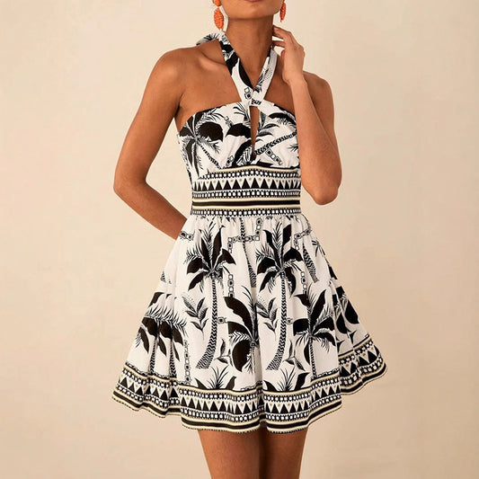 Printed Lace-up Sleeveless Halterneck Slip Dress For Women
