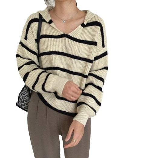 Sailor Collar Western Style Striped Loose Long Sleeve Top Women