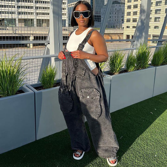 Women's Fashion Personality Street Large Pocket Wide Leg Pants