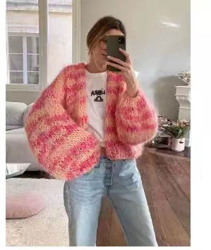 Women's Striped Long Sleeve Rainbow Plaid Cardigan Sweater