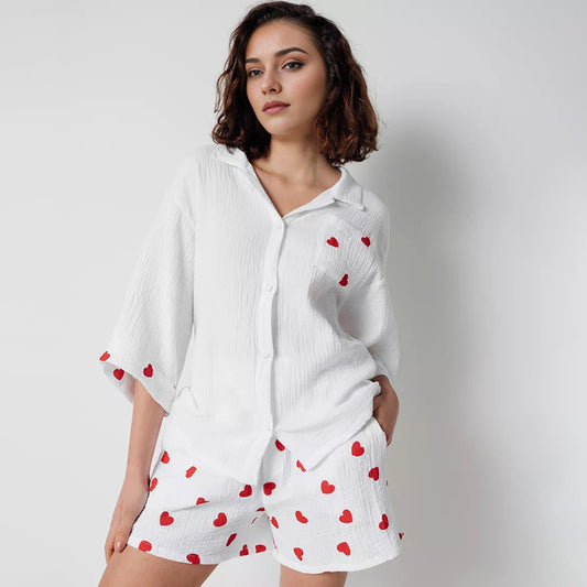 Cotton Homewear Set Heart-printed Three-quarter-sleeve Top And Shorts