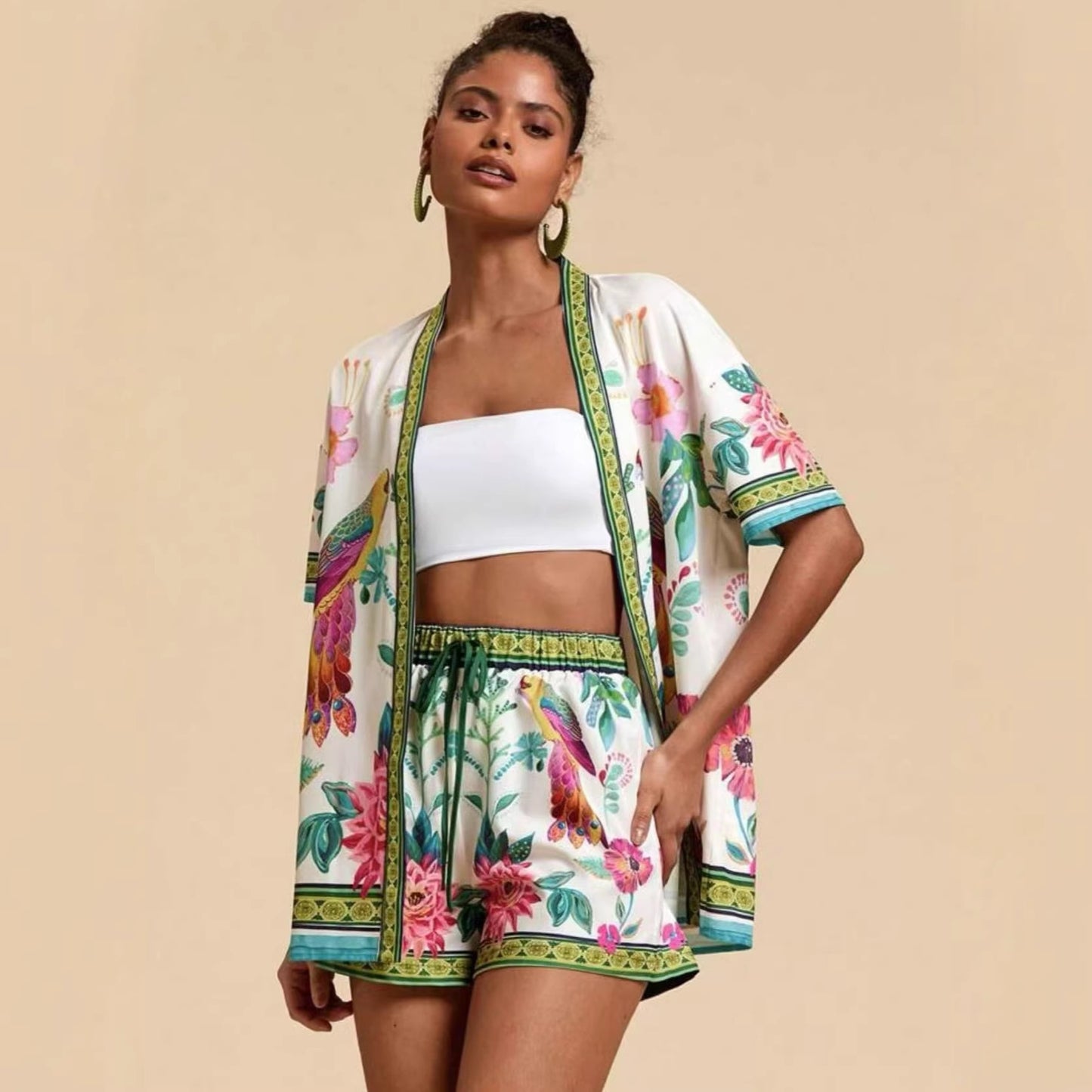Fashion Casual Printing Cardigan Short Sleeve Shorts Suit