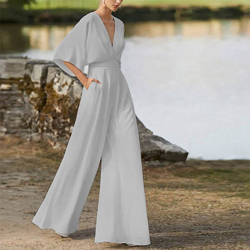 Women's Dress Jumpsuit Deep V High Waist Wide Legs
