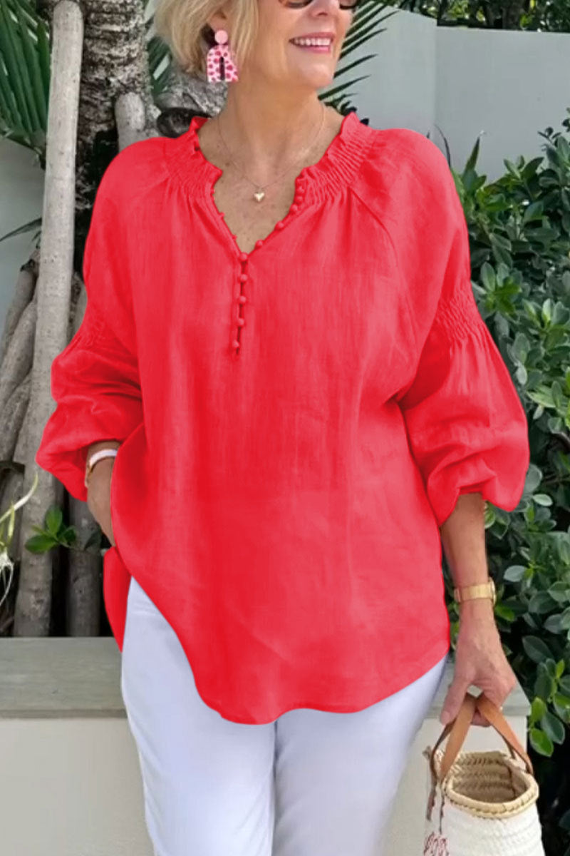 Womens Casual V-Neck Solid Color Cotton-Linen Long-Sleeve Top