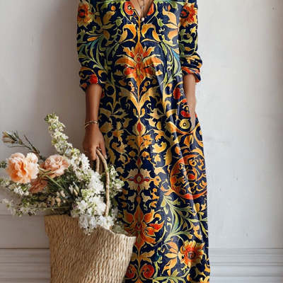 Womens Loose V-Neck Fashionable Long-Sleeve Printed Dress