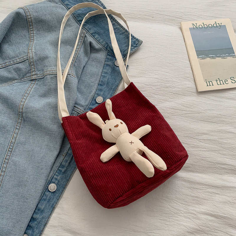 Student Cartoon Cute Rabbit Corduroy One-shoulder Messenger Bucket Bag