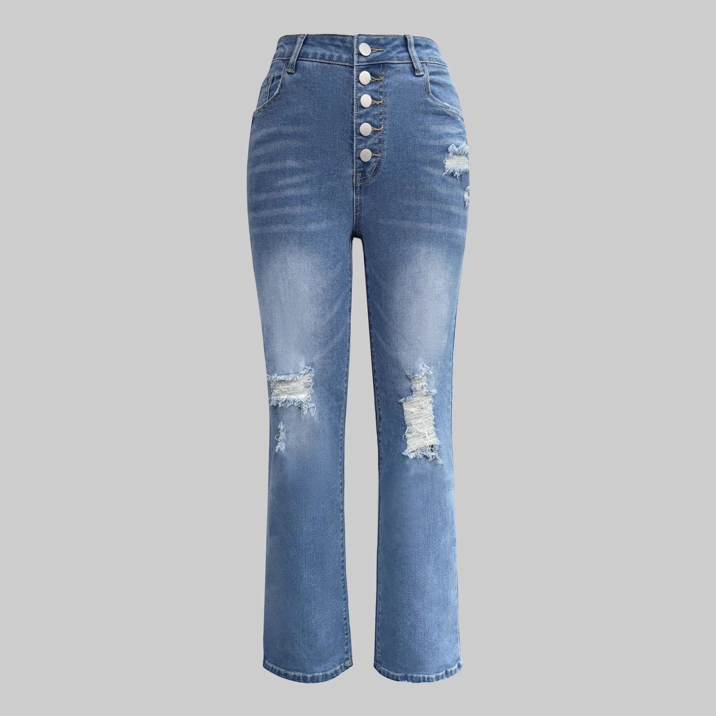 Dame Højtaljede Lige Jeans med Knaplukning
