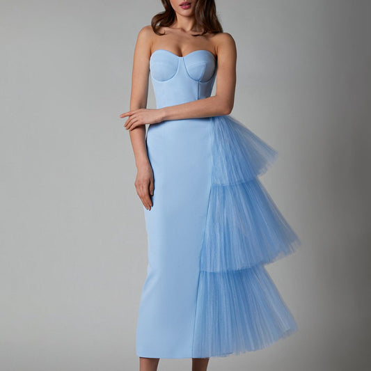 Evening Gown Long High-elastic Pleated Mesh Sheath Dress