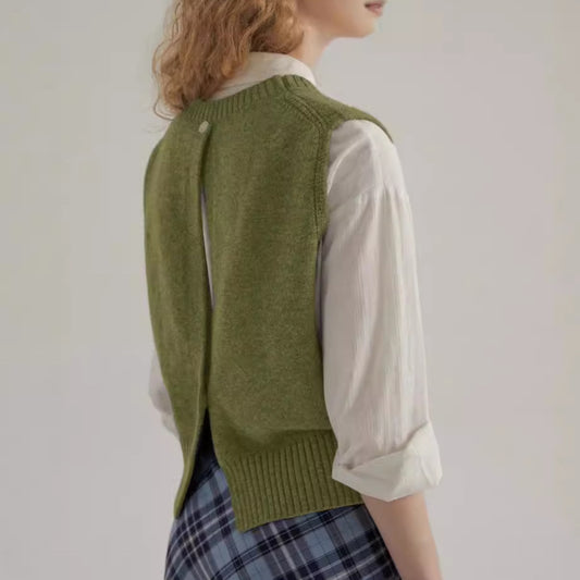 French Retro Gray Round-collar Twist Knitted Vest