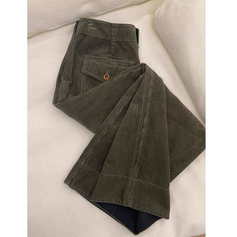 New Womens Dark Green High Waisted Slimming Corduroy Wide Leg Pants