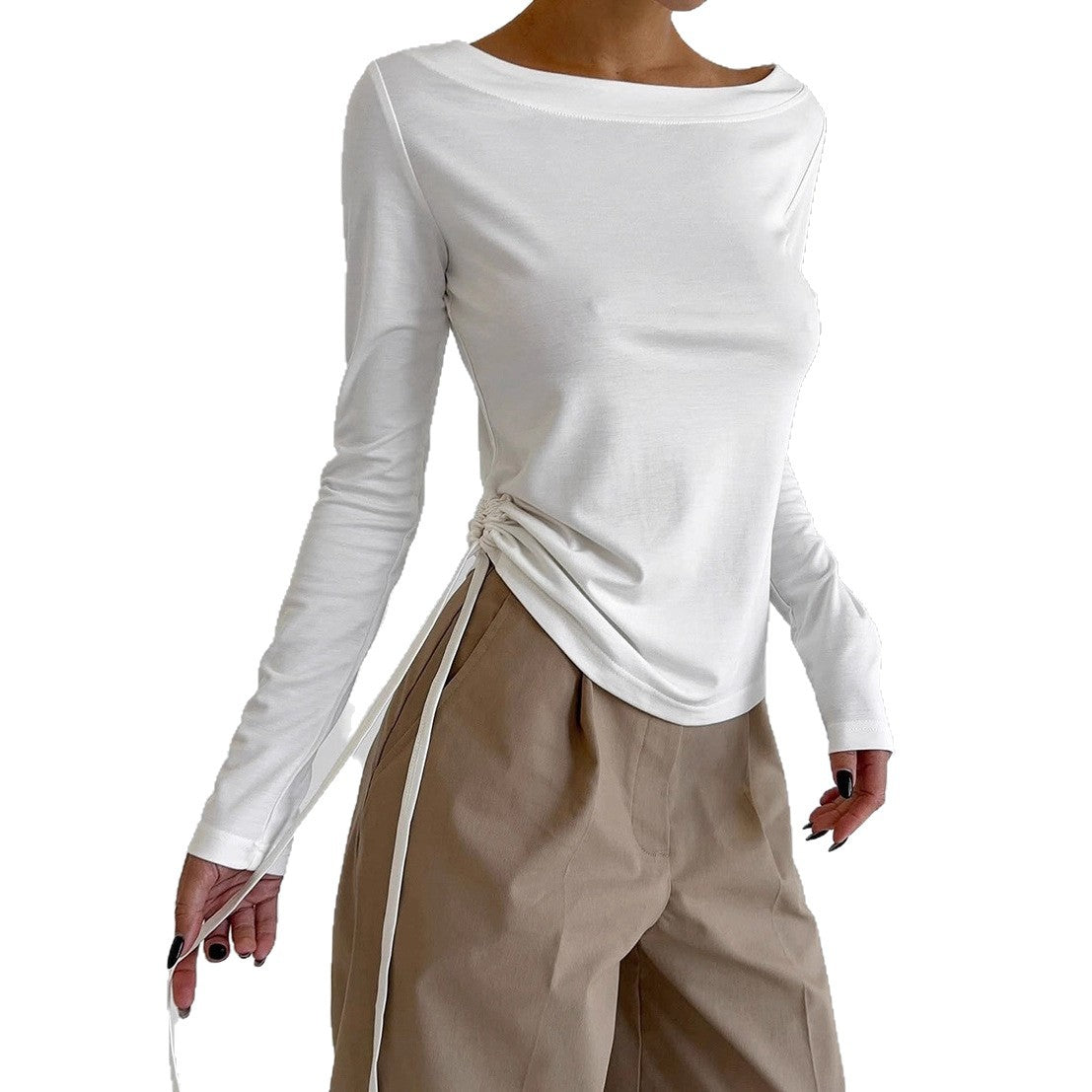 Women's Round Neck Side Tie Waist Long Sleeve