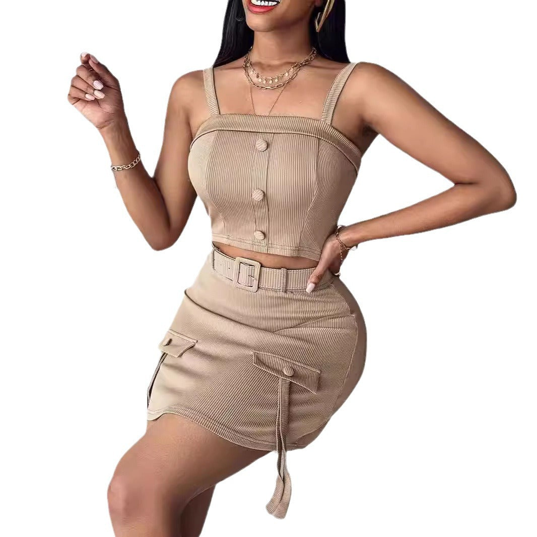 Buttoned Square-neck Camisole Top With Flap-detail Skirt Two-piece Set