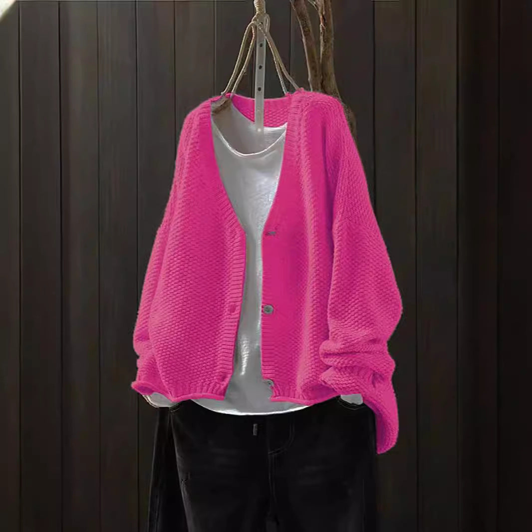 Grænseoverskridende Tidlig Efterår Ny Afslappet Alsidig Ensfarvet V-hals Langærmet Enkeltradet Strikket Cardigan Sweater
