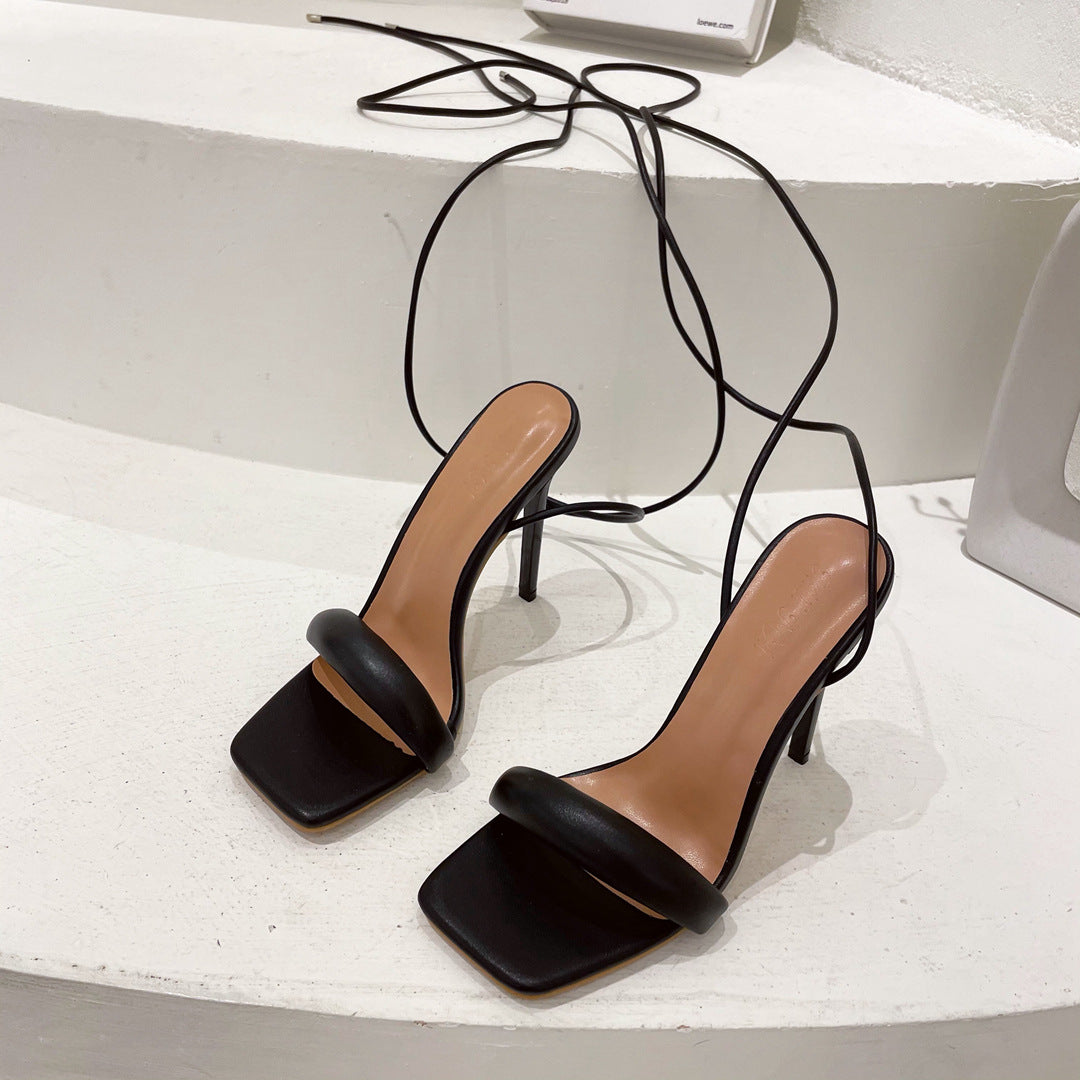One Word Strap High Heels Square Toe Stiletto Strap Fashion Fashionable Women