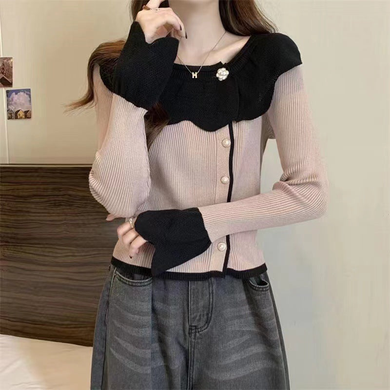 Women's French Style Temperament Contrast Color Lace Collar Sweater