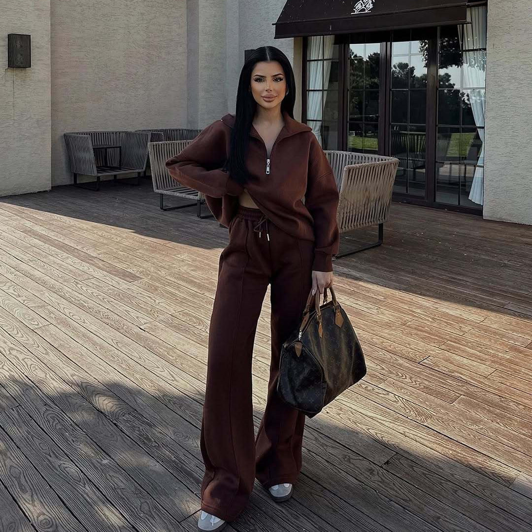 Casual Women's Fashion Half-zip Hoodie And Pants Two-piece Set Loose Casual Autumn And Winter Outfit