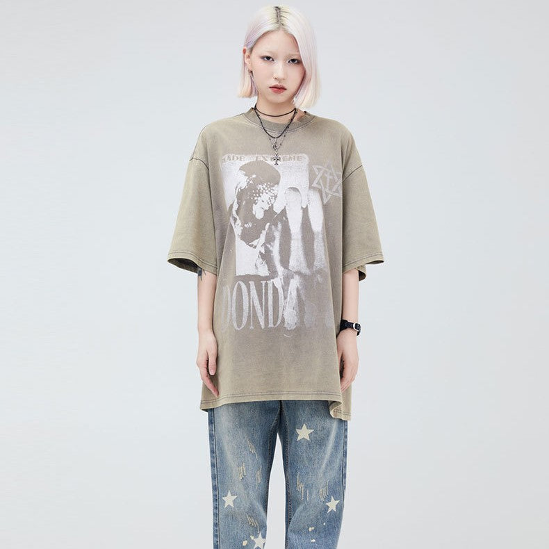 Printed Washed And Worn Loose Short Sleeve T-shirt