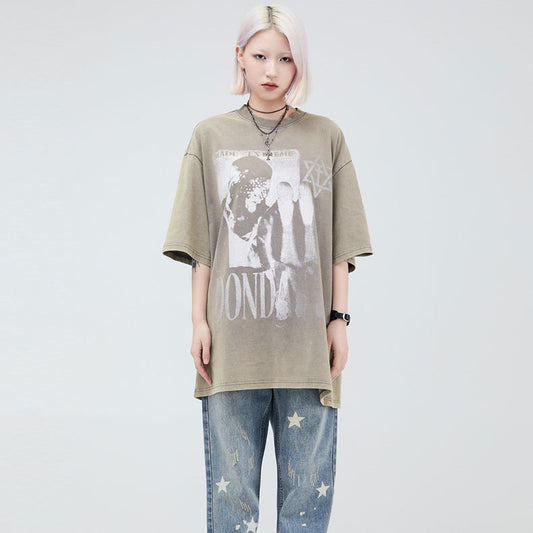 Printed Washed And Worn Loose Short Sleeve T-shirt