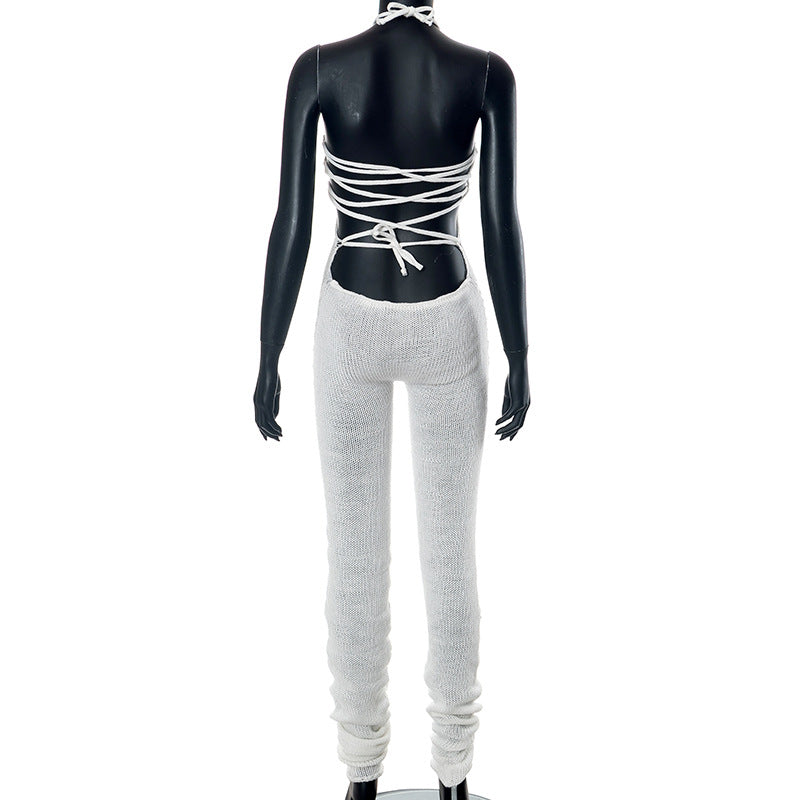 New Wool Over-sleeve Backless Lace-up Jumpsuit
