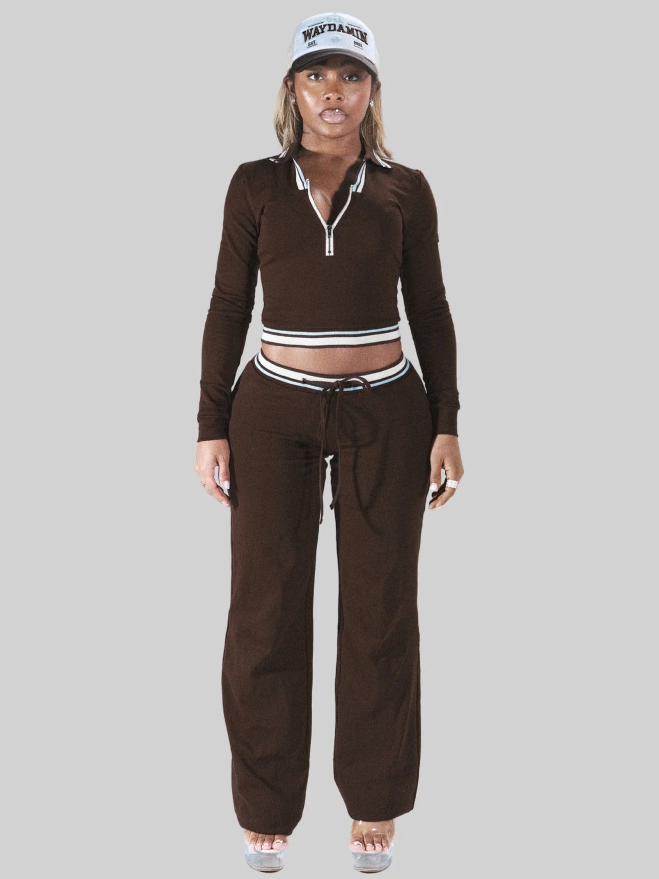 Fashionable Retro Streetwear Casual Long-Sleeve Color-Block Pants Set
