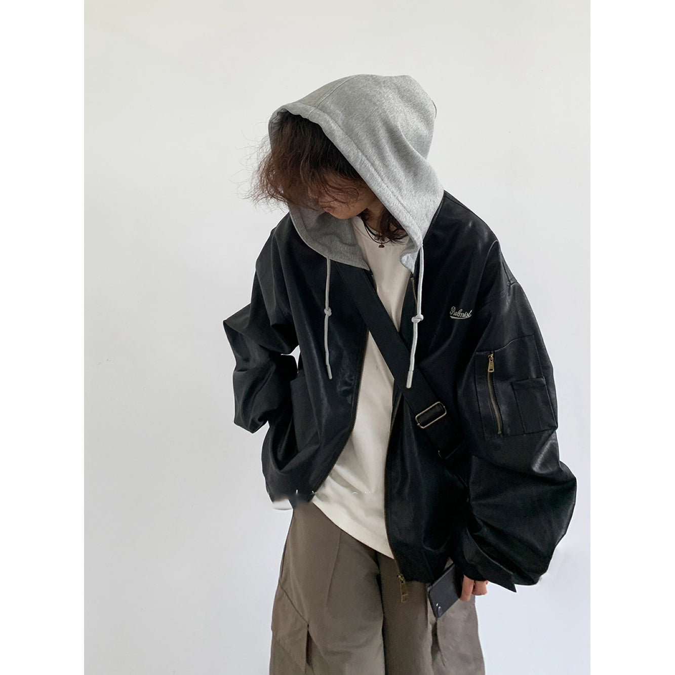American Street Retro Patchwork Hooded Biker's Leather Jacket Coat