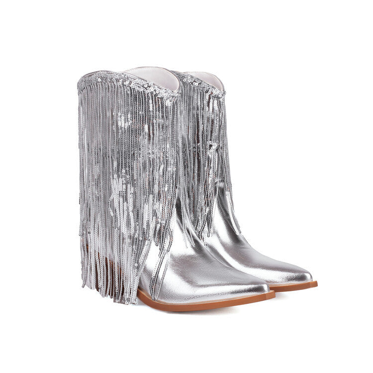 Sexy Sequin Tassel Pointed-Toe Chunky-Heel Ankle Boots For Women