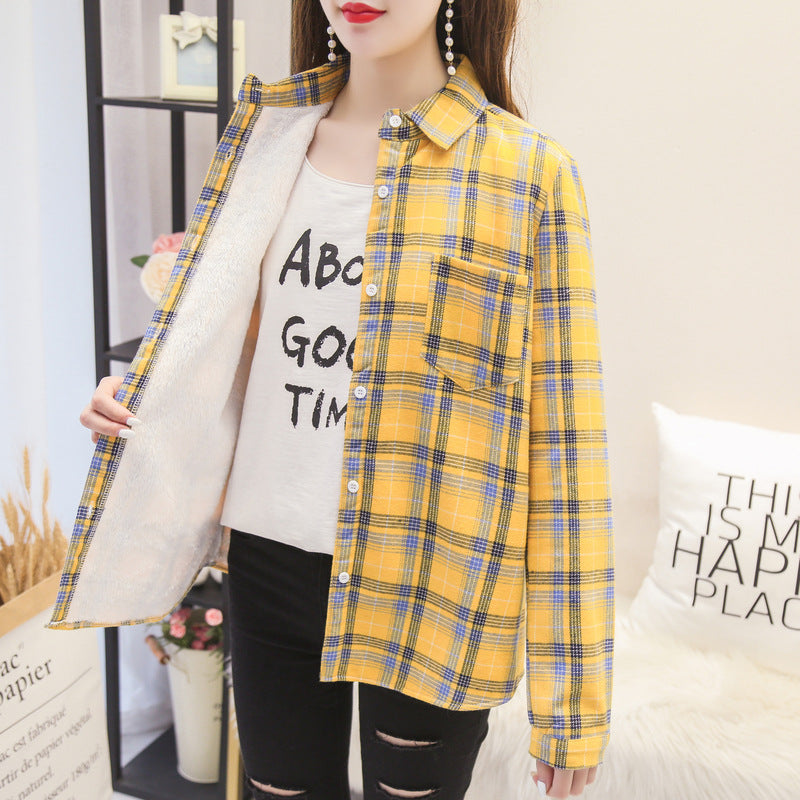 Thicken Plus Velvet Plaid Shirt Women Retro