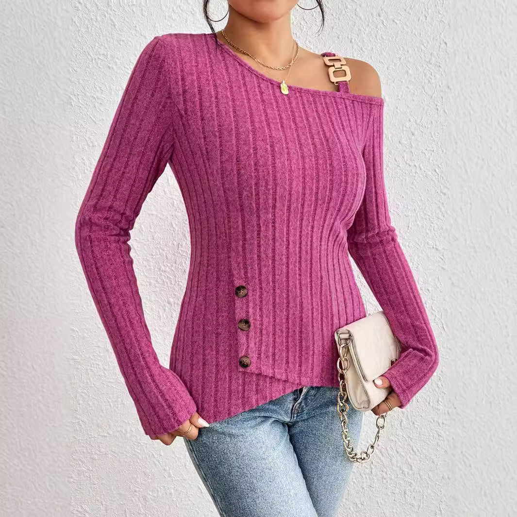 Ensfarvet afslappet off-shoulder T-shirt med asymmetrisk kant til kvinder