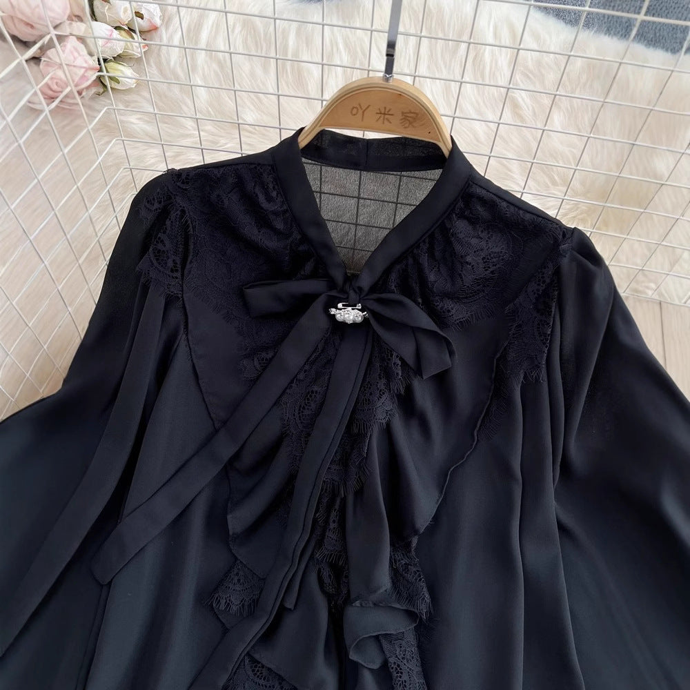 Womens Retro Elegant Loose-Fit Lace-Patch Flare-Sleeve Shirt