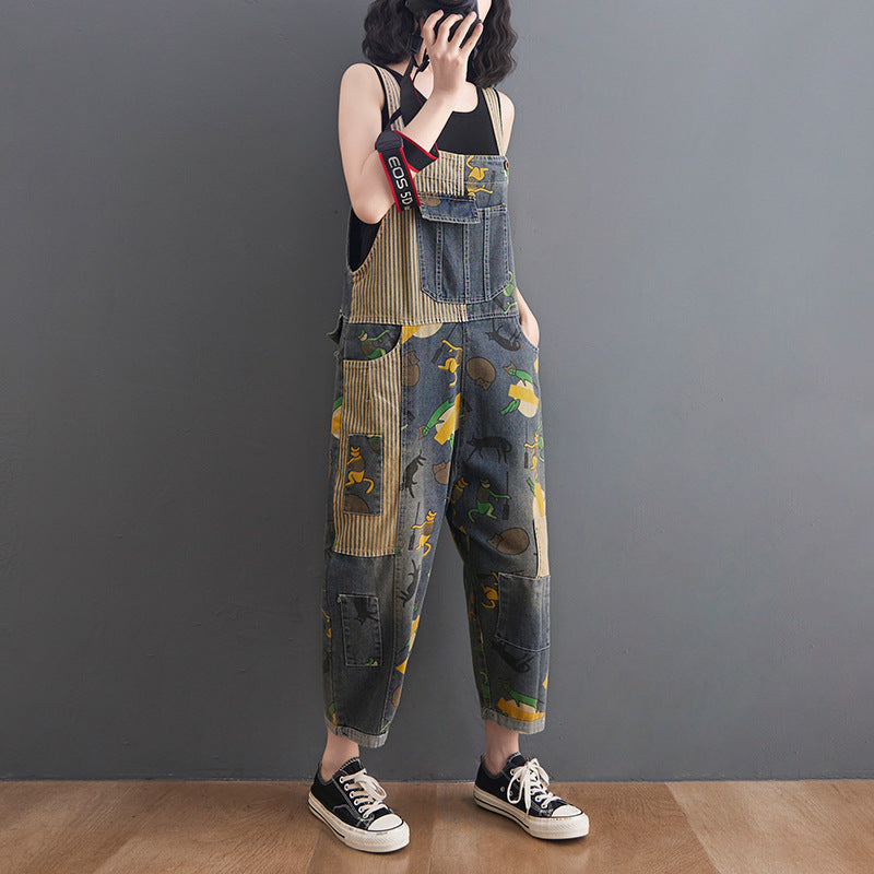 Women's Loose Plus Size Cartoon Print Denim Overalls