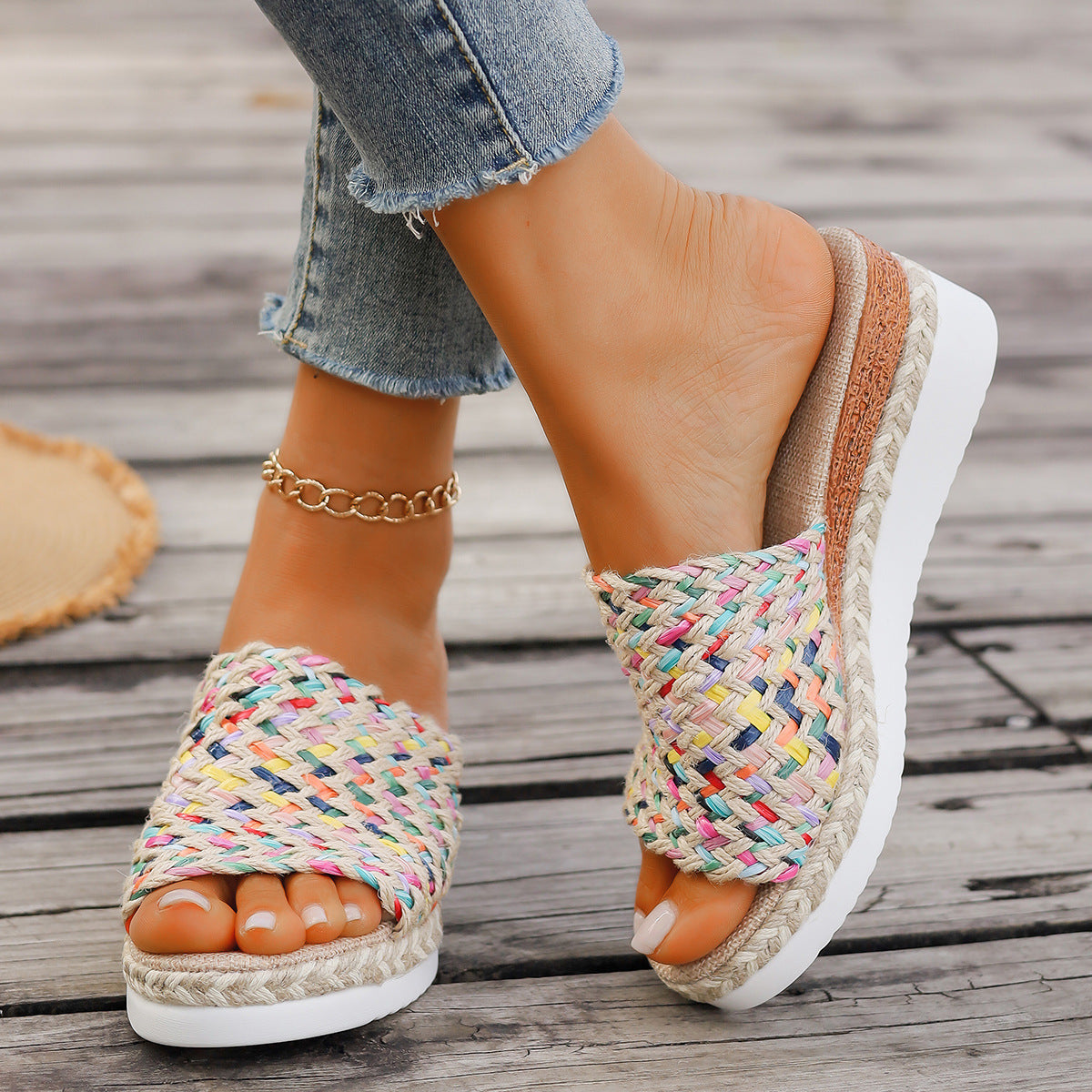 Women's Thick-soled Fish Mouth Color Slippers With Hemp Rope