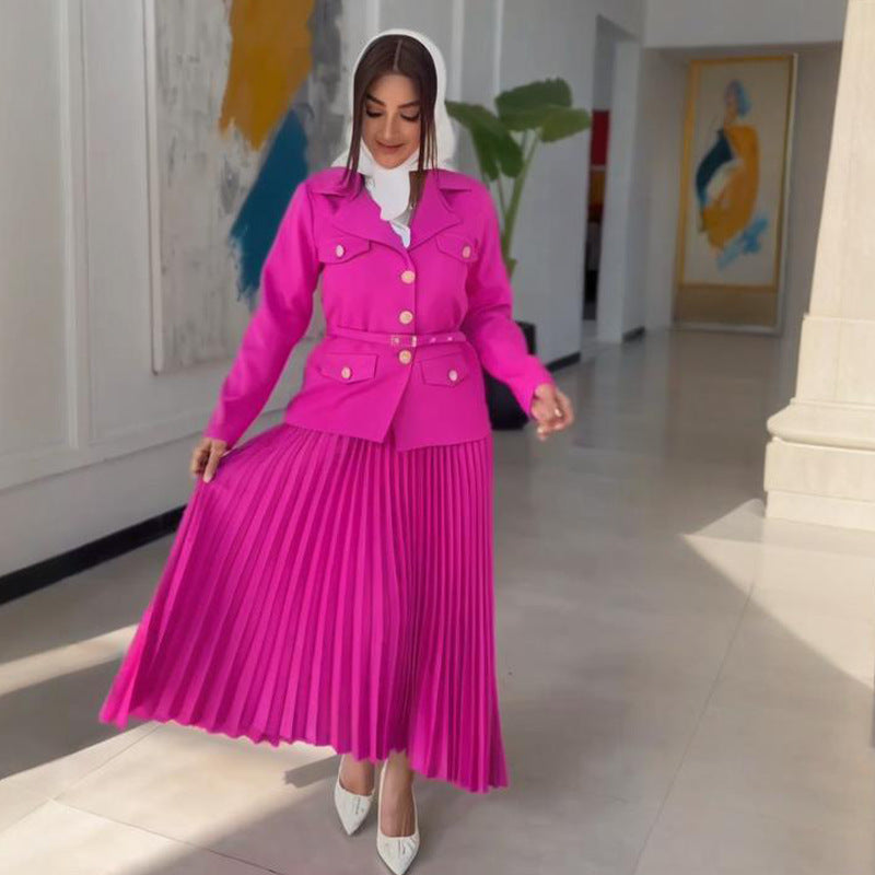 Womens Fashionable Buttoned Blazer And Skirt Set