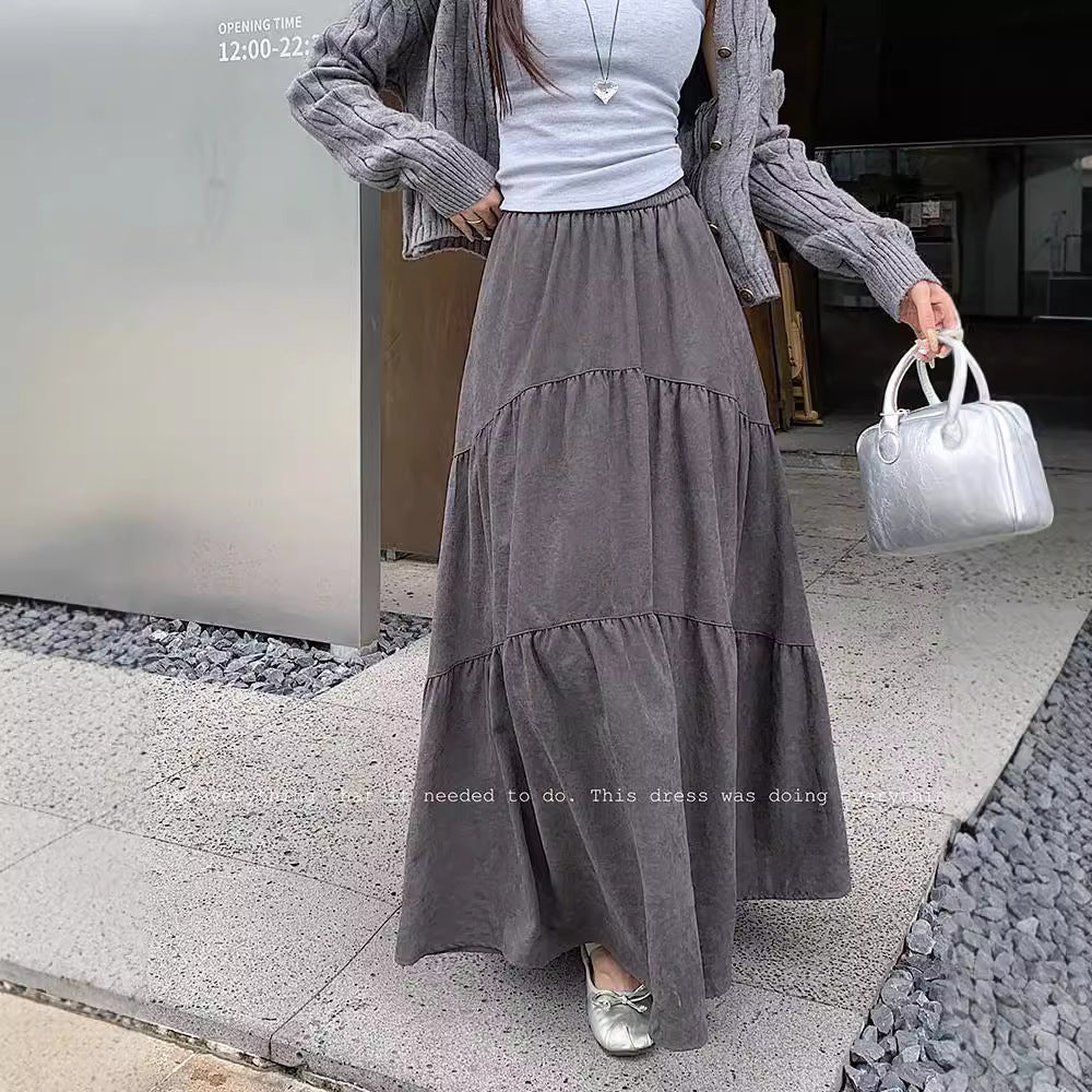 Pleated Stitching Elastic Waist Loose All-match Large Swing A- Line Dress