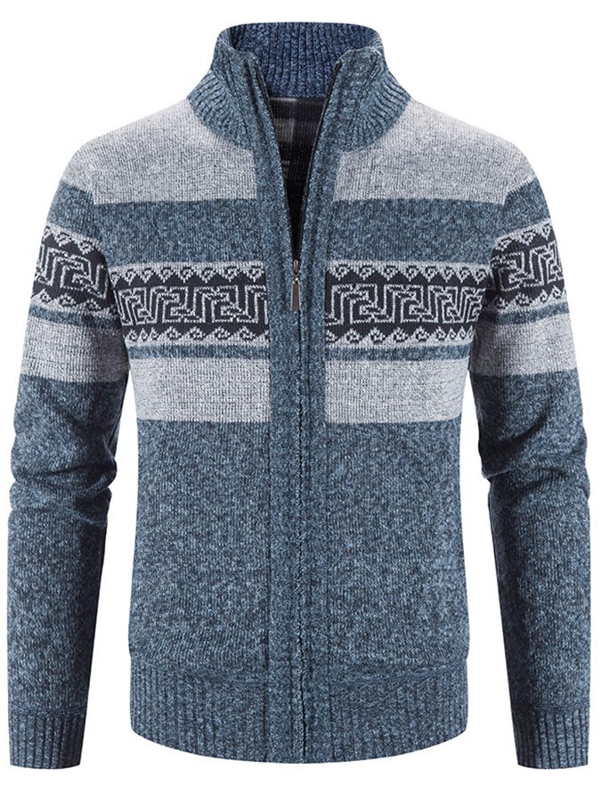 Casual Men's Hooded Color Block Printed Cardigan Knitted Cardigan Sweater Jacket