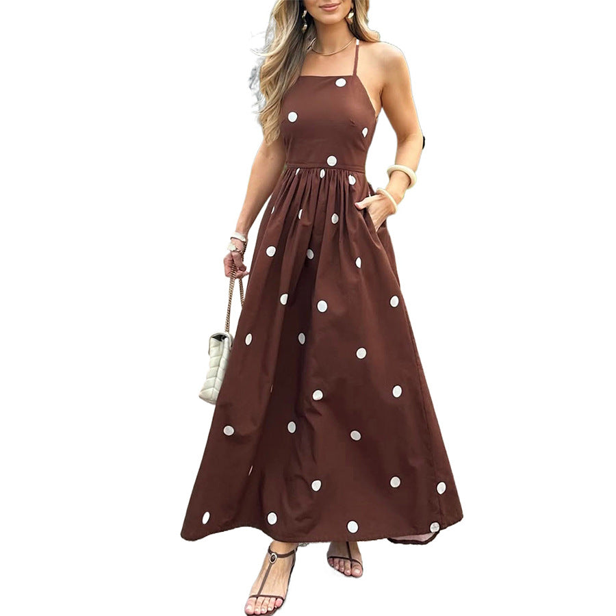 Elegant Polka-Dot Backless Slip Dress With Pockets