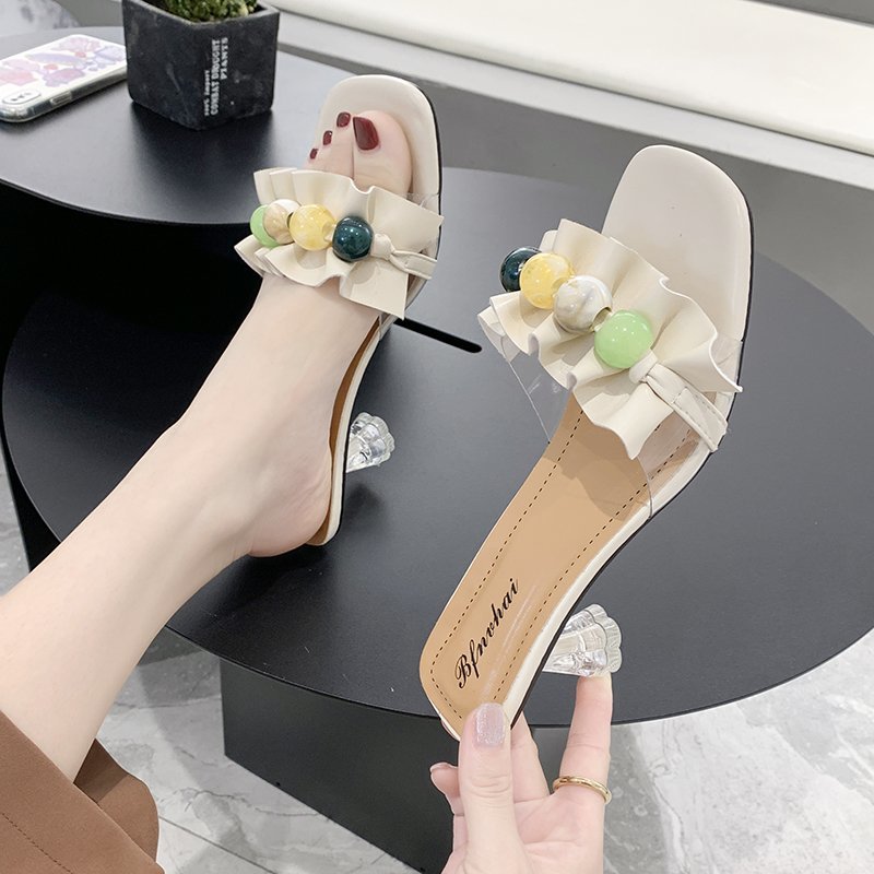 Ruffled Beaded Flip Flops Female Popular Fairy Style Thick With Female Sandals
