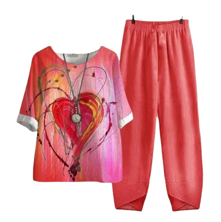 New Women's Five-quarter Sleeve Printed Top Two-piece Pants