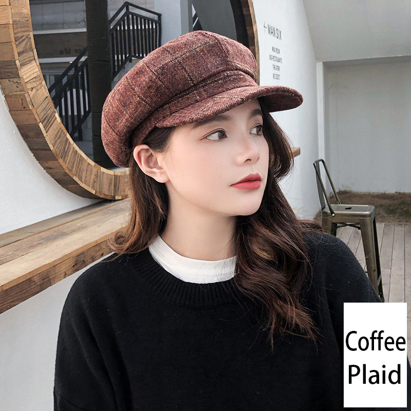 Retro Literary Octagonal Hat Plaid Beret