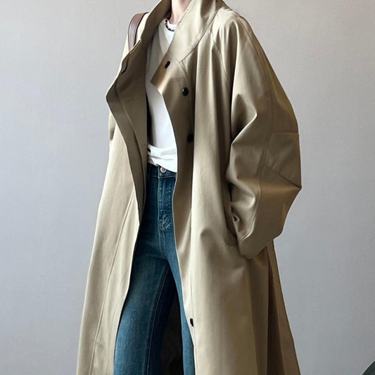 Long Section With A Stand Collar Trench Coat Women's Single-breasted Baggy Coat