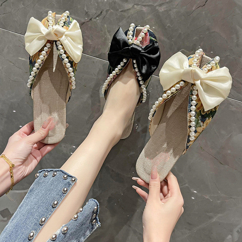 Women's Fashion Package Head Flat Bow Tie Floral Slippers