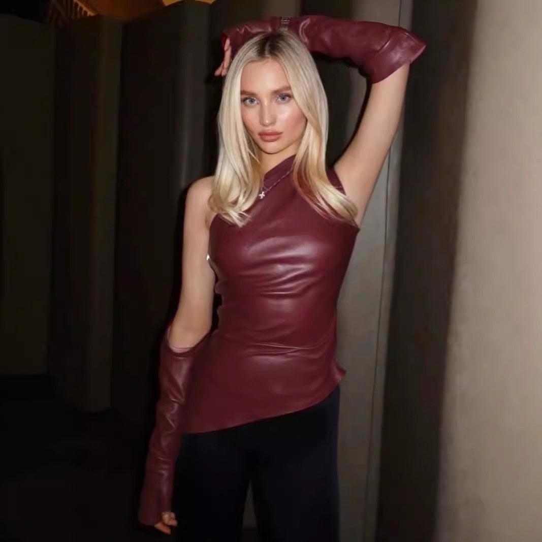 Women's Sleeveless Slant Collar PU Leather Vest With Sleeve Cover Top Set