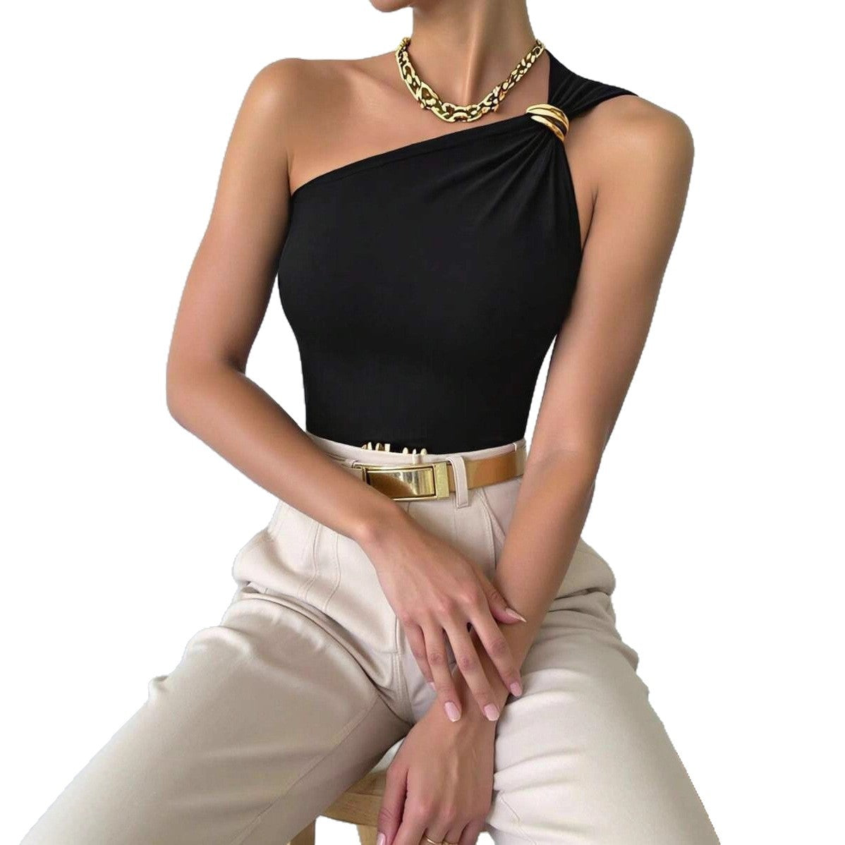 Minimalist Sleeveless One-shoulder Vest With A Metal Ring Detail