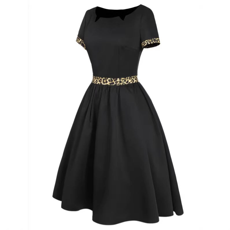 Womens Spring New Leopard-Print Crew-Neck Short-Sleeve Dress