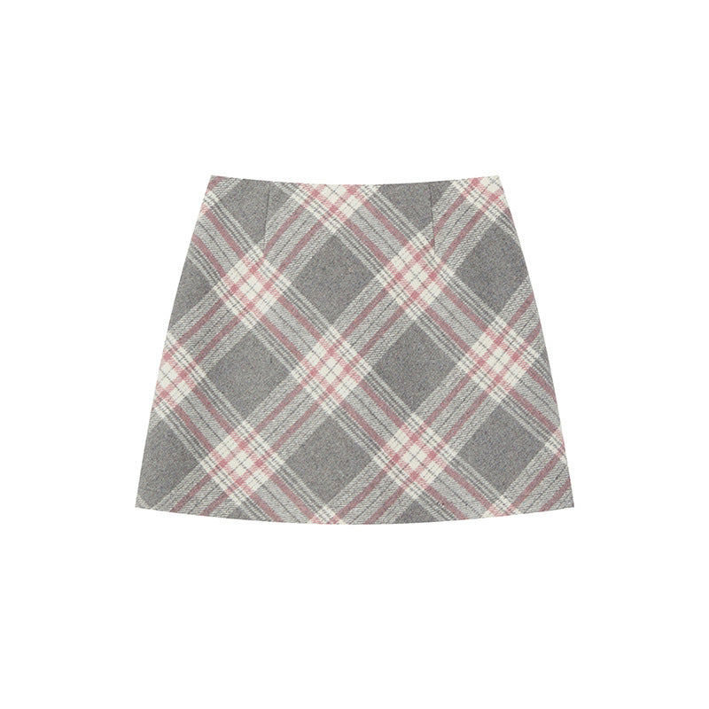 Womens High-Waisted Simple Wool Plaid Skirt
