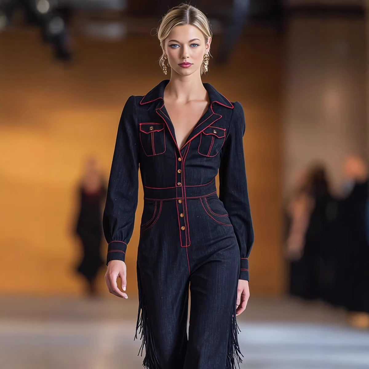 Versatile Long-Sleeve Flared Tassel Jumpsuit