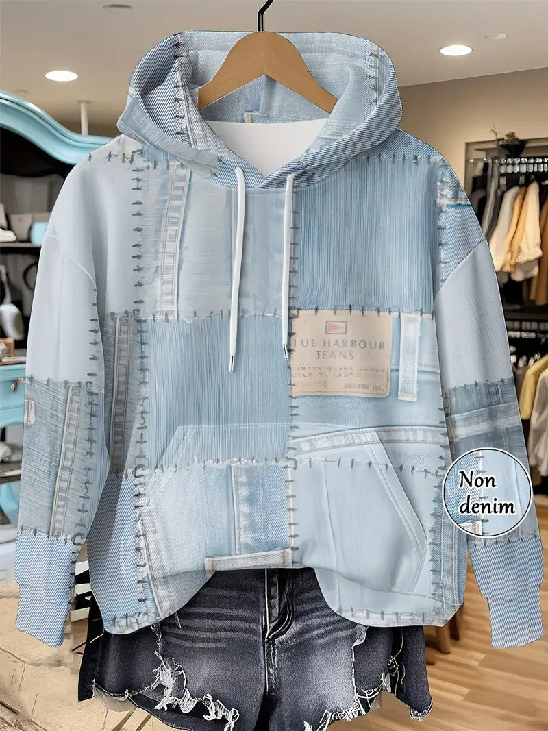 Womens Casual Pullover With Denim-Style Patchwork And Print