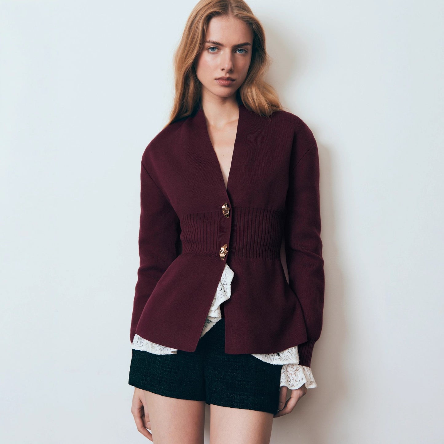 Metal Button Cardigan V-neck Long Sleeve Slit Sweater Women