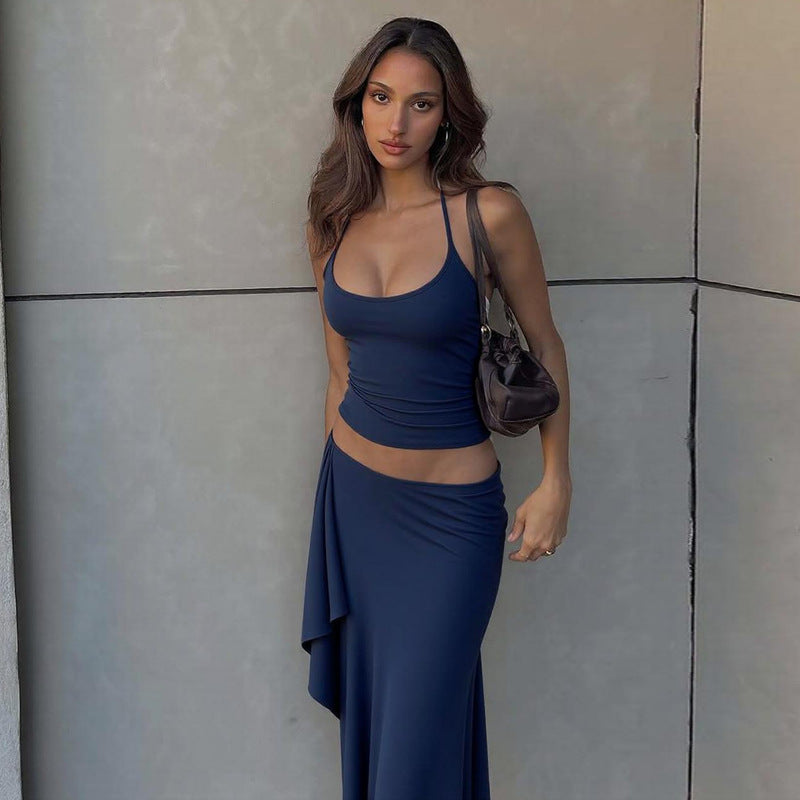 Neck-hanging Camisole And Irregular Solid-color Maxi Dress Two-piece Set For Women