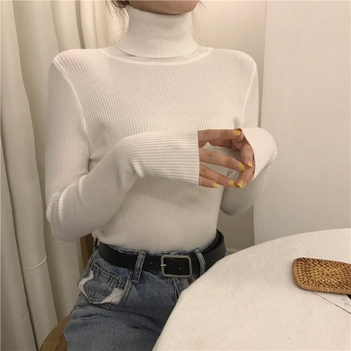 Slim-fit Solid-color Pullover Form-fitting Turtleneck Sweater