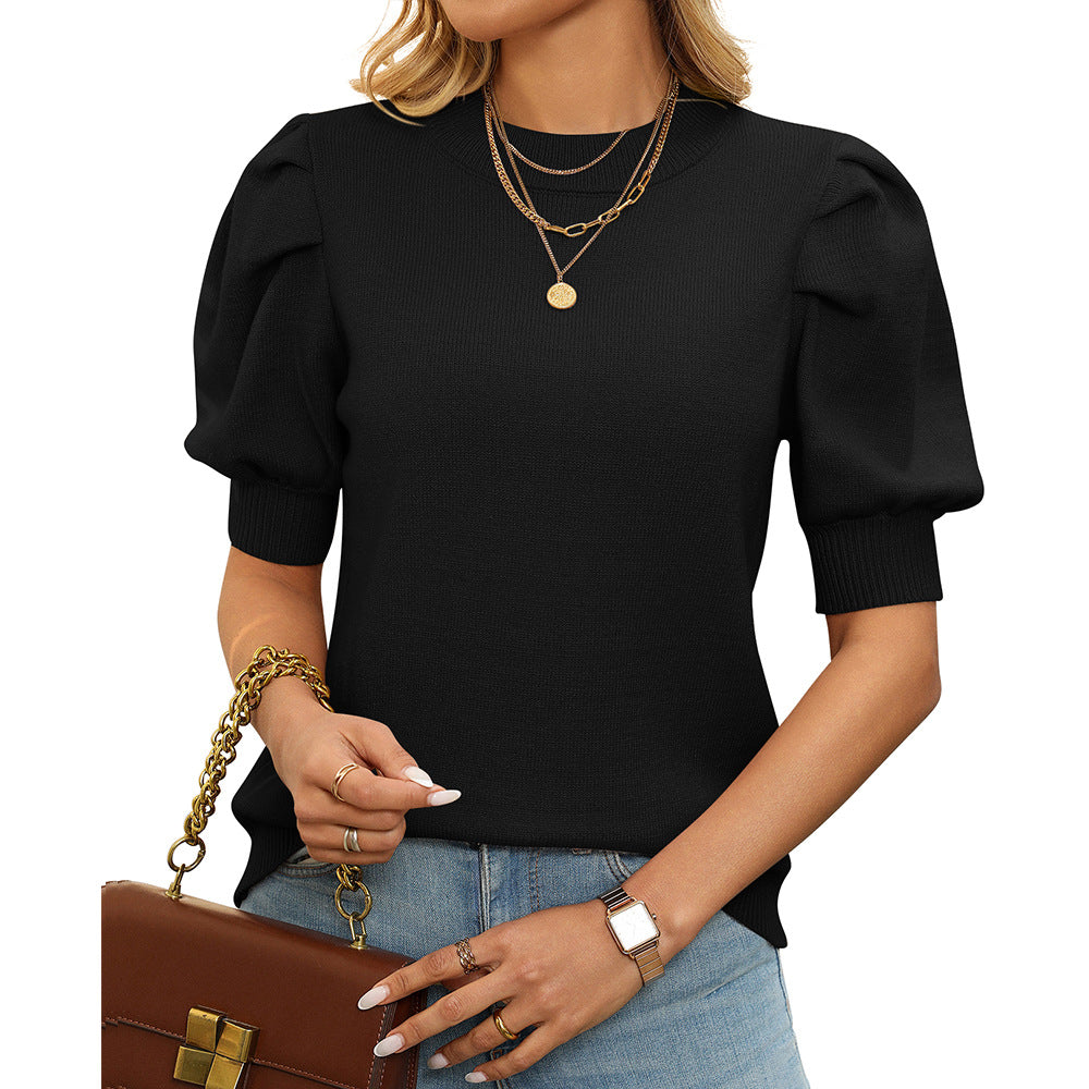 Womens Casual Crew-Neck Puff-Sleeve Sweater In Solid Color With Short Sleeves